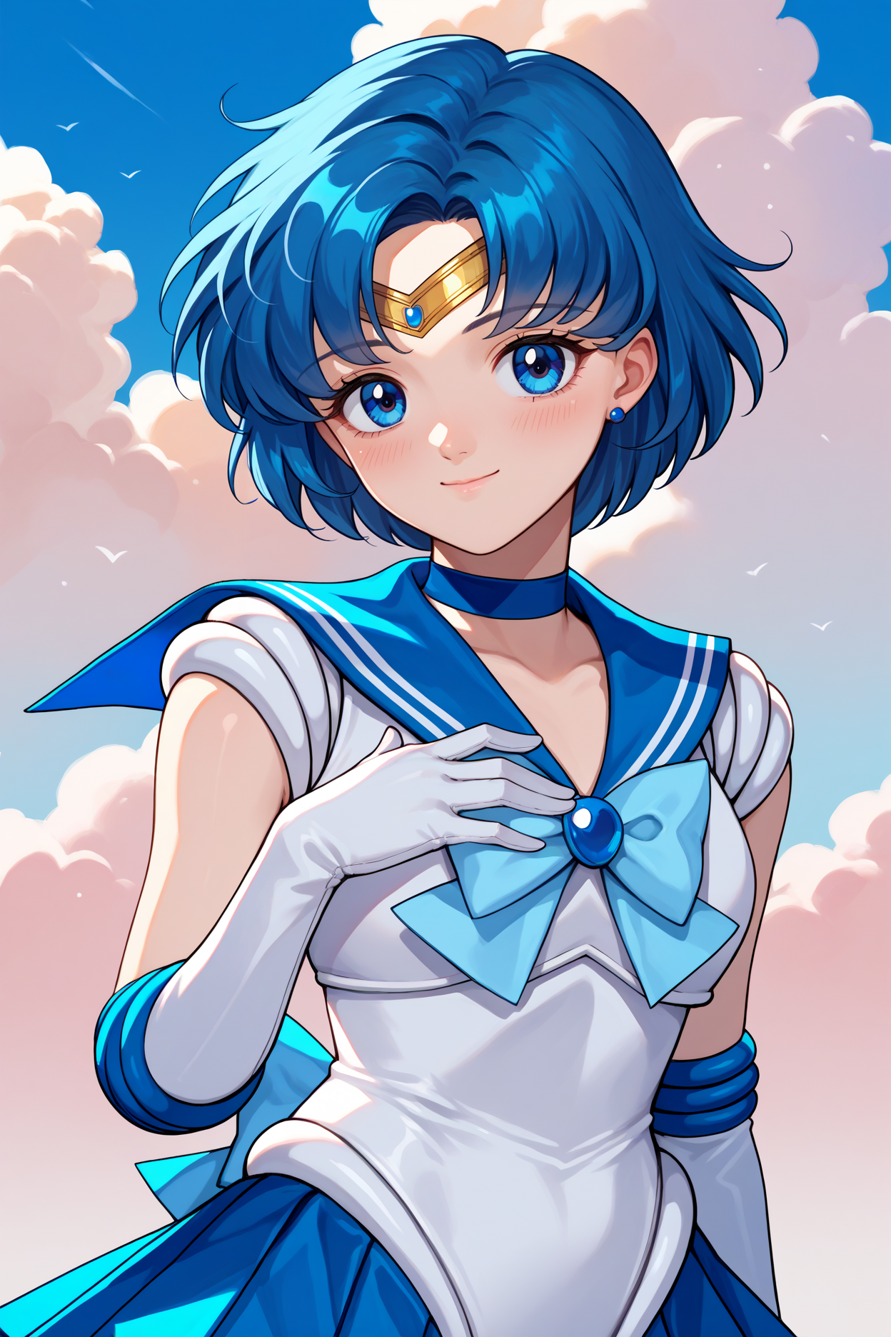 score_9, score_8_up, score_7_up, score_6_up, source_anime, 1girl, solo,  <lora:sailormercury-pdxl-nvwls-v1-000005:1> slrmc, blue hair, short hair, blue eyes, circlet, earrings, blue choker, brooch, white shirt, sleeveless, blue sailor collar, light blue bowtie, white leotard, elbow gloves, white gloves, blue skirt, pleated skirt, magical girl, looking at you, smile, blush, closed mouth, light smile, blue sky, clouds, skirt, hand on own chest, upper body