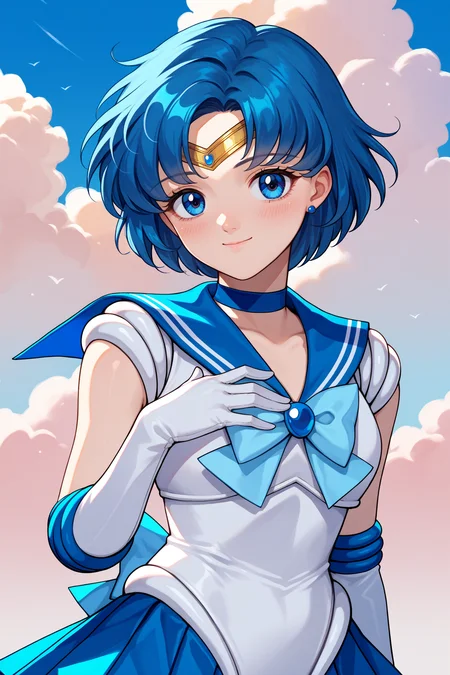 score_9, score_8_up, score_7_up, score_6_up, source_anime, 1girl, solo, <lora:sailormercury-pdxl-nvwls-v1-000005:1> slrmc, blue hair, short hair, blue eyes, circlet, earrings, blue choker, brooch, white shirt, sleeveless, blue sailor collar, light blue bowtie, white leotard, elbow gloves, white gloves, blue skirt, pleated skirt, magical girl, looking at you, smile, blush, closed mouth, light smile, blue sky, clouds, skirt, hand on own chest, upper body