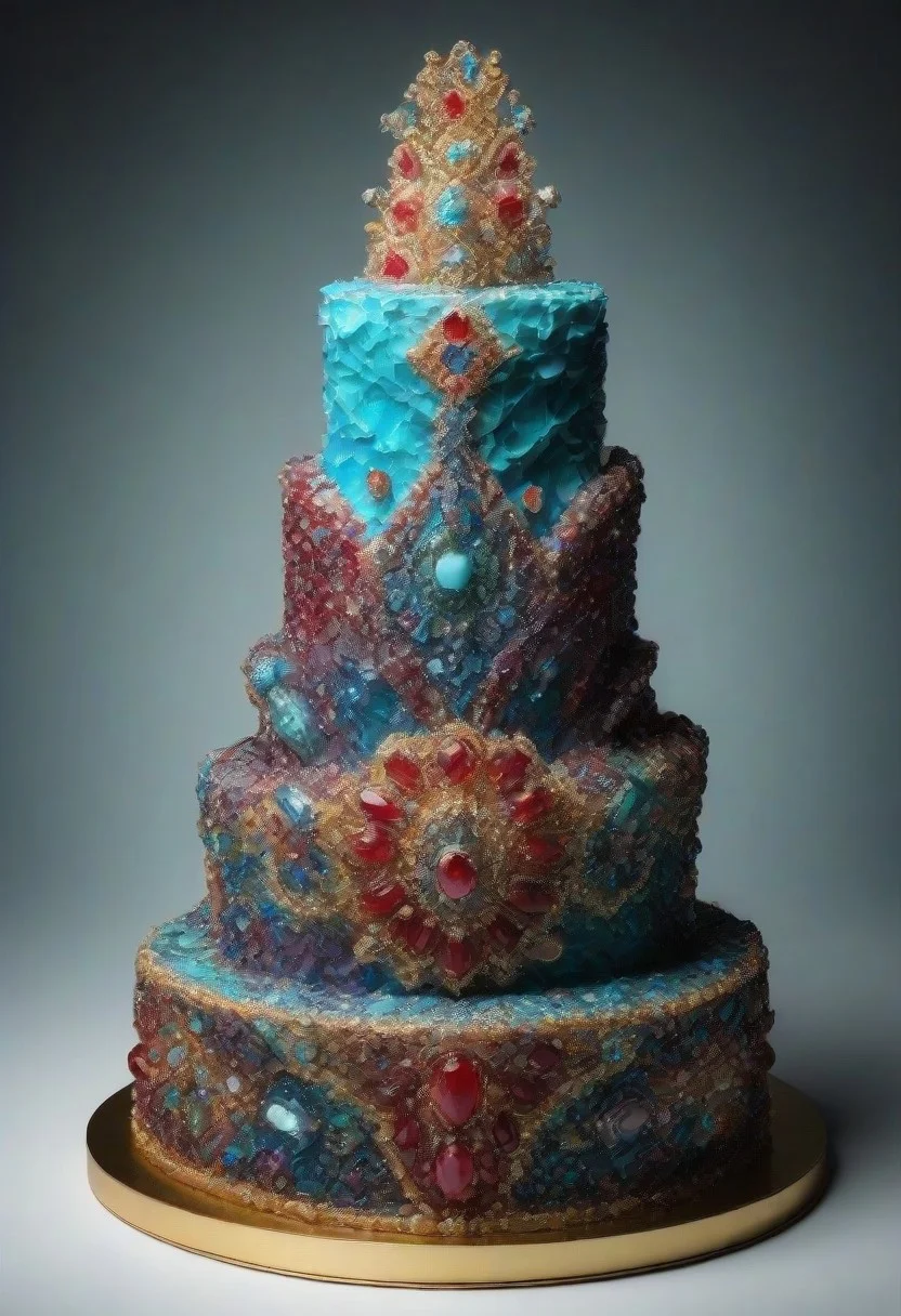 cake made from multi-colored precious stones, diamonds, rubies, sapphires, turquoise. dynamic angle view