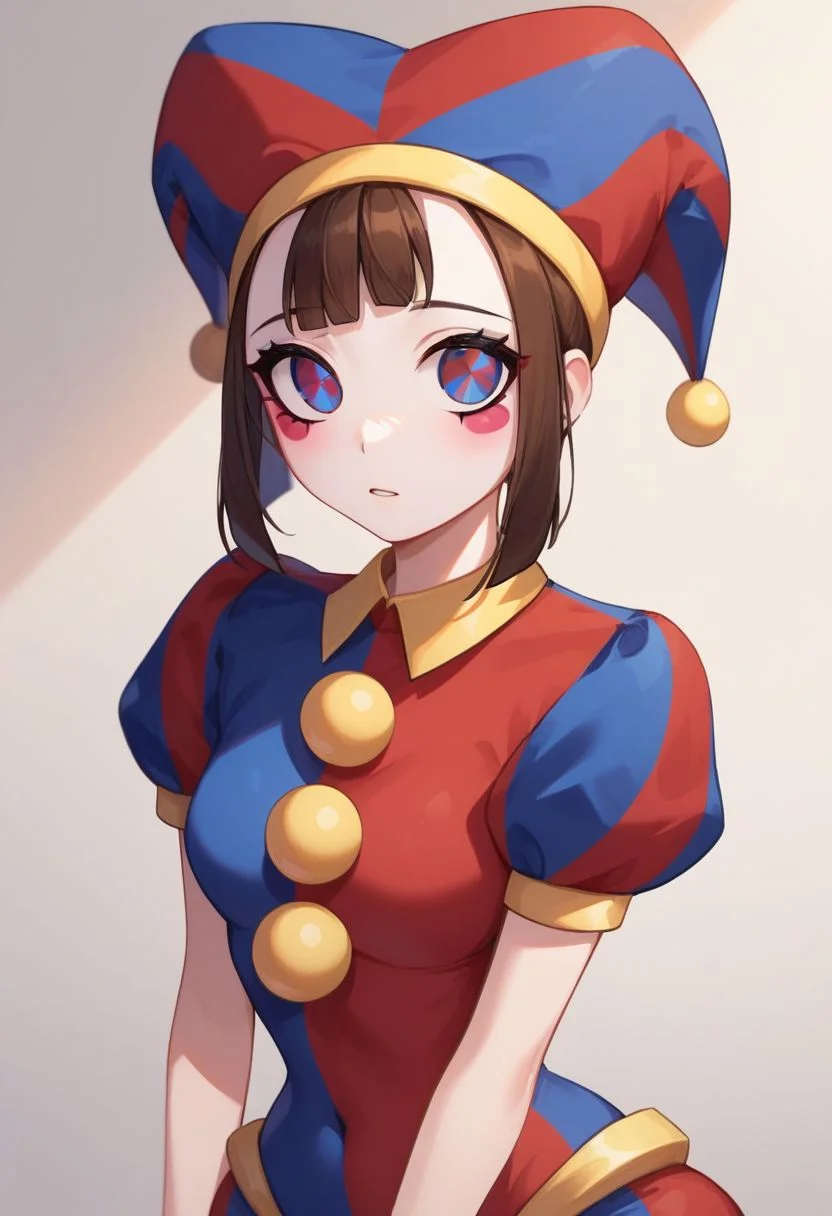 masterpiece,best quality, highly detailed, score_9, score_8_up, score_7_up, score_6_up,<lora:xl_more_art-full_v1:0.8>,
BREAK
<lora:pomniXL:0.8>pomni,1girl, solo, jester cap, hat, , puffy sleeves, short sleeves,brown hair, puffy short sleeves, upper body, short hair, blue eyes, bangs, ((curvy)), wide hips, thick thighs, gloves,