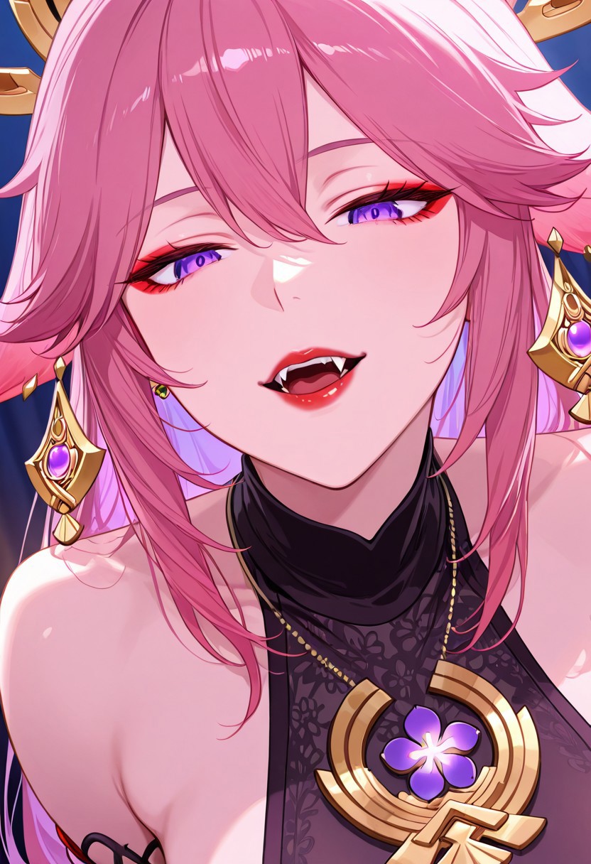 (8k resolution, absolute masterpiece, ultra detailed, best quality, masterpiece, colorful, highest detailed), (intricate details), (dynamic angle), Stunning illustration of yae_miko yae_miko,,purple hair ,vampire, earrings and elaborate necklaces, egyptian eyeliner, red lips, fangs, direct sensual gaze, erotic, sexy, close up, silhouetted in moonlight, detailed eyes<lora:add-detail-xl:-1.5>