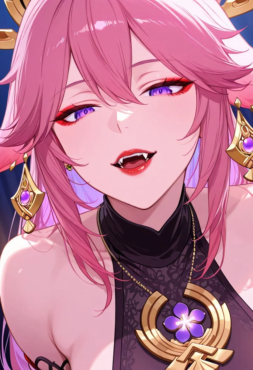 (8k resolution, absolute masterpiece, ultra detailed, best quality, masterpiece, colorful, highest detailed), (intricate details), (dynamic angle), Stunning illustration of yae_miko yae_miko,,purple hair ,vampire, earrings and elaborate necklaces, egyptian eyeliner, red lips, fangs, direct sensual gaze, erotic, sexy, close up, silhouetted in moonlight, detailed eyes<lora:add-detail-xl:-1.5>