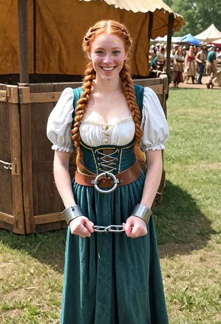 (TSH)), (((steel handcuffs))), (((wrists shackled together))), ((being arrested)), ((fancy renaissance fair dress)), sandals, (smiling), (sexy 25 year old ginger woman), ((braids)), ((standing at renaissance fair)), (((looking at camera))), freckles