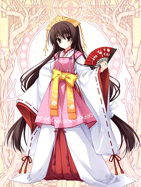 <lora:sakuyahime-tenshin-000009:1>,il-unohana-sakuya,1girl,ukami outfit,solo,japanese clothes,brown hair,
very long hair,yellow bow on waist,ribbon-trimmed sleeves,miko,pink wide shoulder strap out layer,white outer long under layer,elegant white gown with a trailing hem,red layer skirt inner,holding a closed black folding fan wrapped with decorative threads,
<lora:add-detail-xl:1>,<lora:ponyv4_noob1_2_adamW-000017:0.8>,wear clothes,