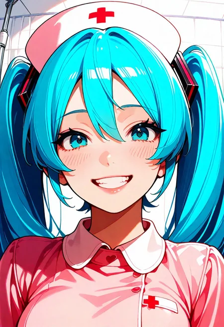 1girl, hatsune_miku, 
teeth, lips, thin lips, 
solo, looking at viewer, upper body, 
masterpiece, best quality, very aesthetic, 
smile,
nurse costume,
hospital,