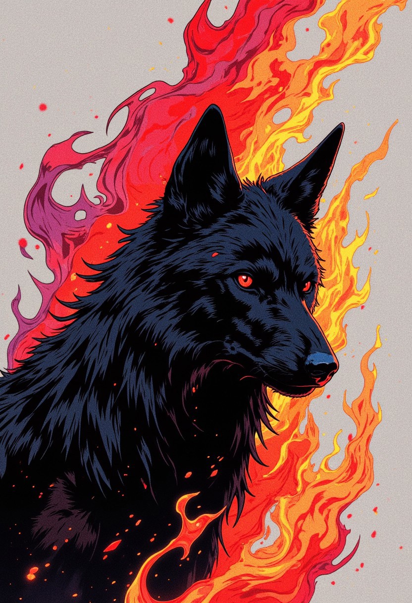 Highly stylized digital artwork, black wolf with sleek, smooth-textured fur, fur rendered in fine glossy strokes, intense supernatural red eyes, ethereal flame-like mane, swirling dynamic flames in shades of red, orange, pink, and yellow, wavy and flowing motion, vibrant energy, plain light grey background for contrast, minimalist composition, bold color contrasts, fluid and organic shapes, modern abstract aesthetic, HD, 8K detail, sharp focus, visually striking, emotionally evocative, professional-grade illustration, flawless anatomy, vivid highlights.