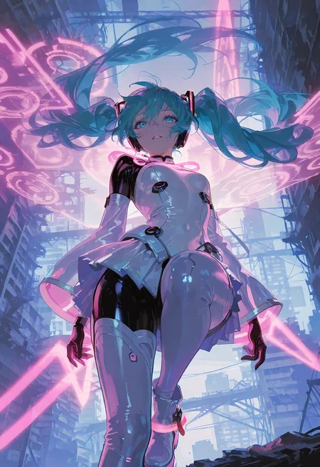 masterpiece, best quality, amazing quality, very aesthetic, absurdres, newest, scenery, by (yoneyama mai:0.6) and (rella:0.5) and (Ilya Kuvshinov:0.5), 1girl, hatsune miku, solo, beautiful, elegance, aesthetic, mysterious, ethereal, detailed face, detailed eyes, parted lips,
break A futuristic and avant-garde stage outfit, designed with minimalistic yet edgy aesthetics. Features sleek metallic textures, clean geometric lines, and asymmetrical patterns. The outfit incorporates glowing neon accents in turquoise and white, blending organic curves with sharp, angular forms. Includes a high-tech bodysuit with flowing translucent fabric elements, layered with bold, abstract designs. Accessories include a cybernetic headset, floating holographic elements, and platform boots with intricate glowing details. Set in a high-tech, minimal stage environment with dynamic lighting and futuristic props. The atmosphere is cinematic, emphasizing innovation and performance energy. stage outfit designed by MARY QUANT and Erdem MoralÄ±oÄlu and Haruhiko Mikimoto (Character Designer),
break serene meditation, playful teasing look, (three quarter view:0.4), (from below:0.4), (dutch angle:0), close-up, face focus, wind effect, floating hair, looking at viewer,
break intricate background, cinematic background of a decaying urban skyline, ruins softened by fog and diffused neon lighting, ominous mist, 8k, intricate details,
break Professional fashion editorial illustration, concept art, minimalism, digital artwork, illustrative, painterly, matte painting, highly detailed, ultra detailed, insanely detailed, vibrant, detailed beautiful color, fine texture, crisp detail, crisp edges, [clean color:realistic:0.6], <lora:USNR STYLE_XL_loha:0.5>, <lora:illustrious_quality_modifiers_masterpieces_v1:0.5>,<lora:ponyv4_noob1_2_adamW:0.5>,