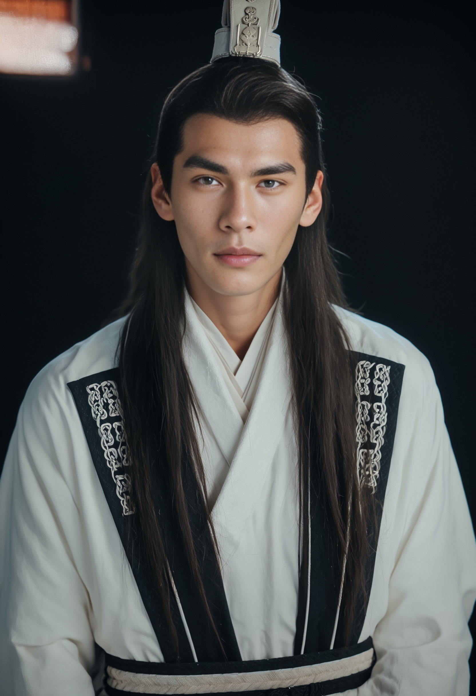 score_9, score_8_up, score_7_up, score_6_up, score_5_up, score_4_up, 1boy, ylx, portrait, yulexuanwhite, long hair, hat, contrapposto, large pectorals, chinese clothes, black background, simple background, <lora:Yulexuanwhiteponyv1:0.85>