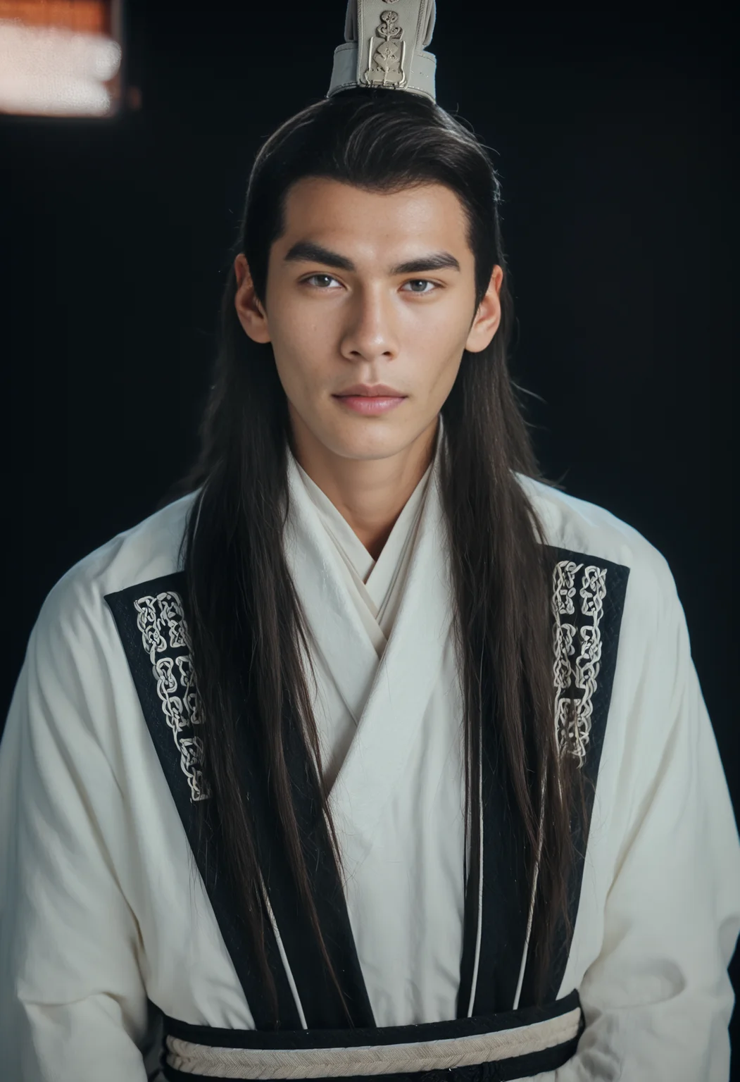score_9, score_8_up, score_7_up, score_6_up, score_5_up, score_4_up, 1boy, ylx, portrait, yulexuanwhite, long hair, hat, contrapposto, large pectorals, chinese clothes, black background, simple background, <lora:Yulexuanwhiteponyv1:0.85>
