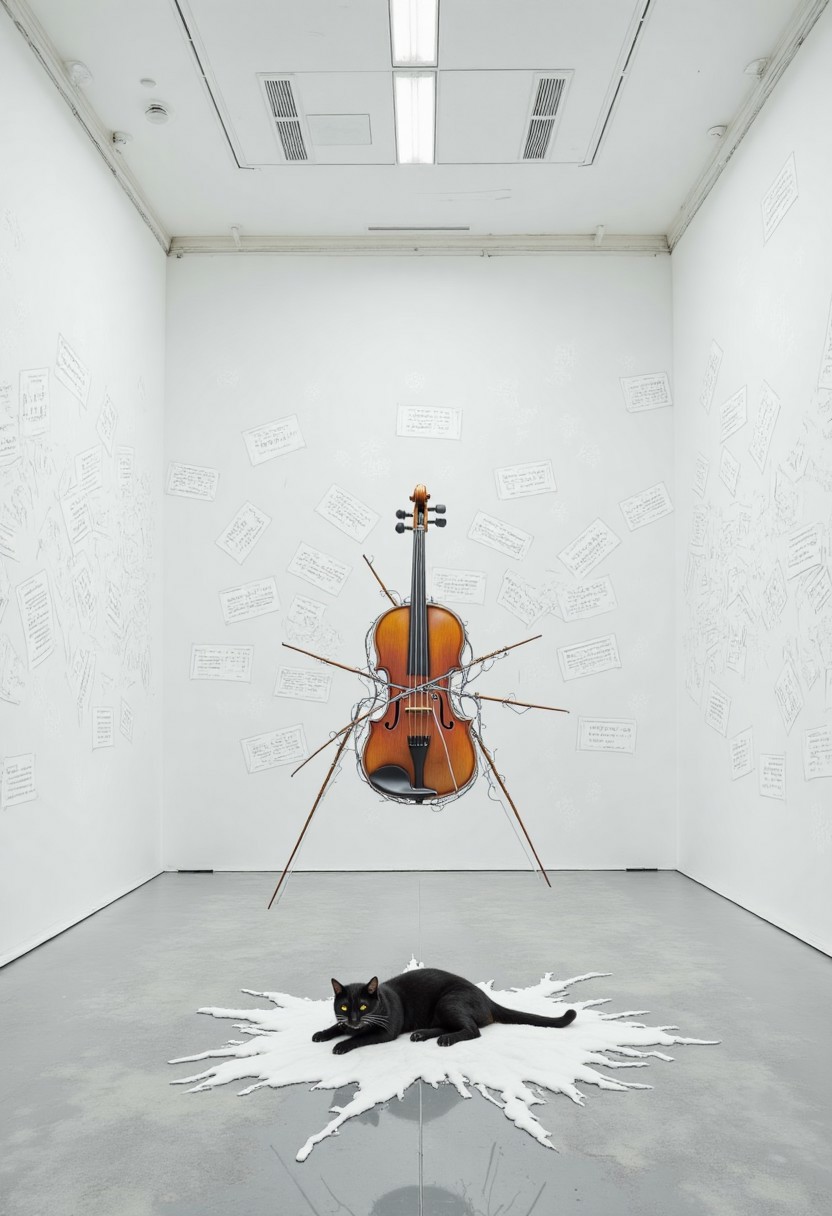 A stark white museum room with only one object: a floating violin, wrapped in barbed wire and humming softly. On the walls, light projections simulate falling snow, each flake a tiny sheet of music in a different language. A black cat lies curled beneath the violin, unmoving, casting no shadow. The composition obeys the rule of odds, placing tension on the emptiness around the object. Minimalistic , Retro Modern style