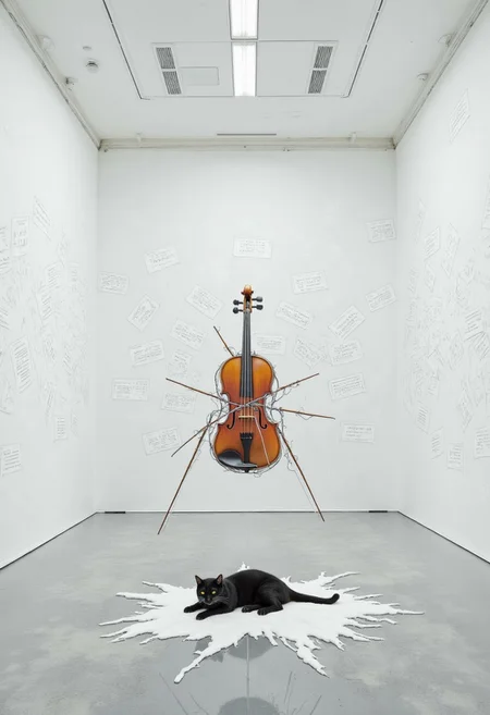 A stark white museum room with only one object: a floating violin, wrapped in barbed wire and humming softly. On the walls, light projections simulate falling snow, each flake a tiny sheet of music in a different language. A black cat lies curled beneath the violin, unmoving, casting no shadow. The composition obeys the rule of odds, placing tension on the emptiness around the object. Minimalistic , Retro Modern style