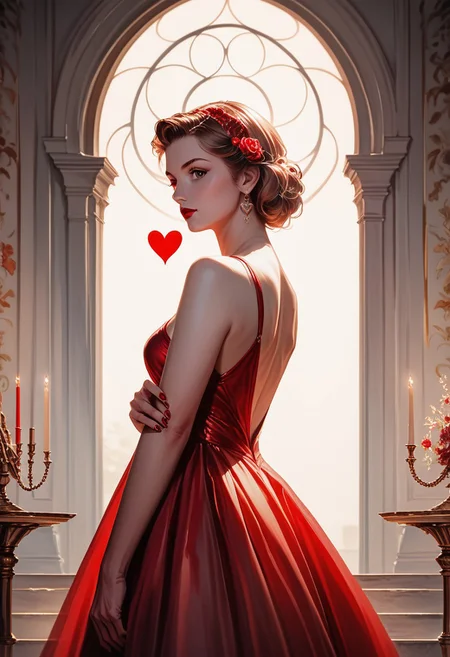 score_9, score_8_up, score_7_up, 1girl, a beautiful 1940's bombshell woman wearing a red dress,red lipstick,standing next to a giant heart,dramatic lighting,intricate details,warm colors,vintage aesthetic,high contrast,glamorous,cinematic,film noir,masterpiece,photorealistic