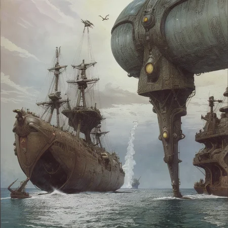 (Masterpiece), artwork, moebius steampunk, a picture of a white egyptian steampunk battleship, passing by on open sea, rain, water-fountains, steamclouds, ship-chimneys, clouded sky, (view from the side), best quality, ultra high res, cinematic lighting, dramatic lighting, glorious, spectacular, dslr, ultra quality, sharp focus, tack sharp, dof, film grain, technicolor, Fujifilm XT3, photorealistic, 8K UHD <lora:Don_Lawrence_Storm_v1:0.9>, dlstormstyle, <lora:Moebius:0.9> <lora:Nouveau_last:0.9>, art nouveau Style