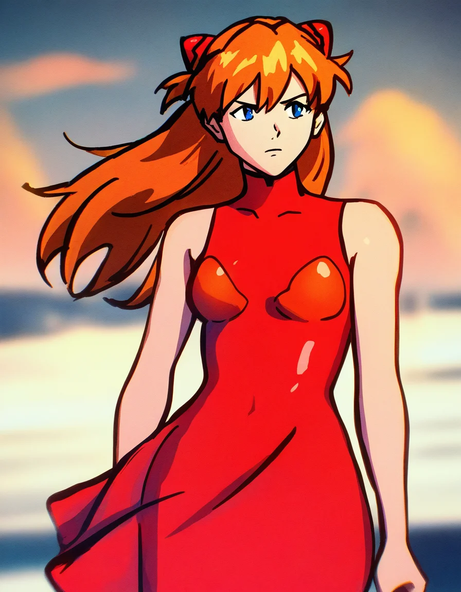 1girl, souryuu-asuka-langley, determined, dress, wind, outside, looking-away, cowboy-shot, masterpiece, best quality, newest, absurdres, highres