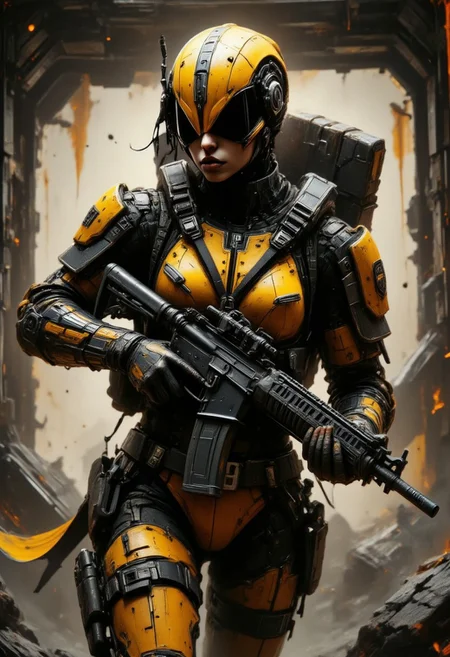 masterpiece, high-resolution sepia photograph of female space marine in yellow and black armour, hyperdetailed helmet, holding an assault rifle, dark abstract background suggesting interior of spaceship, dutch angle, dynamic, side view