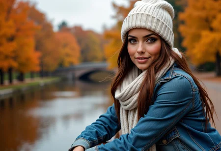 mythp0rt, A wide angle shot of beautiful woman with brown eyes, long brunette hair, choker, dark eyeshadow, wearing a white beanie, jean jacket and scarf with jeans leaning on a bridge railing overlooking the water, leaves falling, yellow_leaf, orange_leaf, autumn_leaf, red_leaf, semi realistic style, outdoors in a park, dramatic angle, masterpiece, best quality, highly detailed, sharp focus, dynamic lighting,
