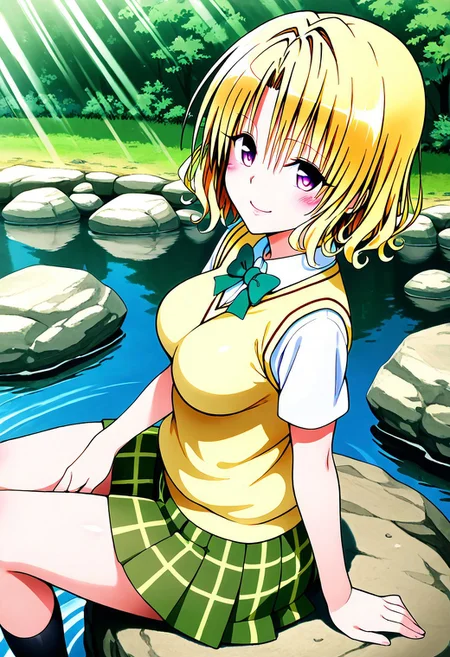 masterpiece, best quality, medium breasts, anime screenshot, to love-ru, to love-ru darkness, absurdres, highres, smile,
risa momioka, short hair, blonde hair, wavy hair, parted bangs, purple eyes,
green skirt, plaid, plaid skirt, sainan school uniform, school uniform, skirt, sweater vest, thighhighs, yellow sweater, short sleeves, bow, green bow,
sitting on a rock, lakeside, gentle breeze, reflective water, warm sunlight, relaxed expression, looking at viewer, smile, side view, from above, Sitting on a smooth rock by the crystal-clear lake, she leans back on her hands, letting out a soft sigh of contentment. The afternoon sun glistens on the rippling water, creating shimmering reflections that dance across her clothes. hair sways in the light breeze.