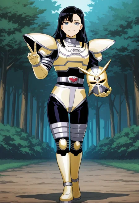 masterpiece, best quality, anime style, anime, anime screencap, amazing quality, very aesthetic, absurdres, newest, cinematic, perfect face, detailed face, beautiful face, A9eha, 1girl, robot, tokusatsu, solo, female focus, armor, breast, helmet removed, shoulder pad, gloves, bodysuit, A9eh shorts, belt, kneepad, boots, holding helmet, helmetless, v_sign hand, black hair, long hair, curtain bangs, smile, forest background