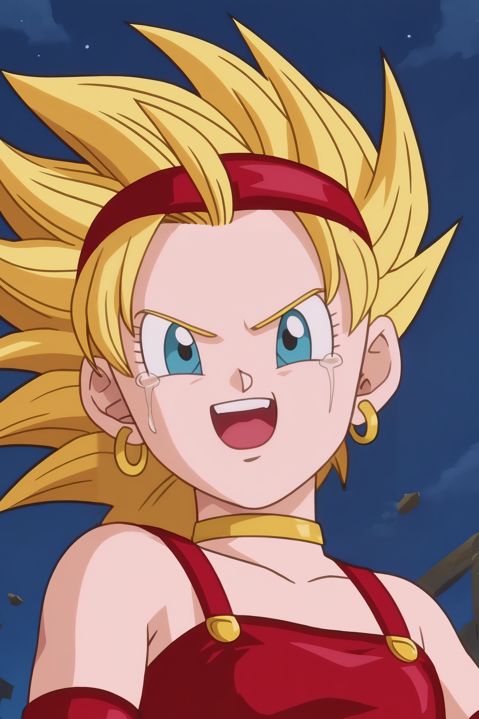 source_anime, score_9, score_8_up, score_7_up, anime screencap, absurdres,
bra \(dragon ball\), official style, 
1girl, solo, super saiyan, blonde hair, green eyes, spiked hair,
floating hair, floating tears, upper body, red crop top, angry, destruction, night, glowing, scratches, city, upper body,  looking at viewer, crying with eyes open, moonlight, 
 <lora:bra_v1:0.8>