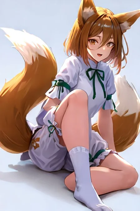 solo_focus, 1girl, ((white background, simple background)):2, (((masterpiece))), ((best quality)), ((ultra-detailed)), high resolution, absurdres, highres, ultra-detailed 8k unity wallpaper,
Kudamaki Tsukasa, fox ears, fox tail, hair between eyes, white romper, green ribbon, white socks,