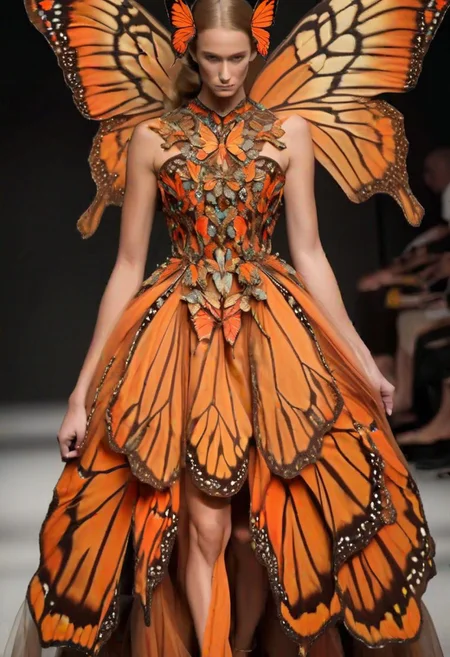 woman with a full orange butterfly dress with intricate jewelry