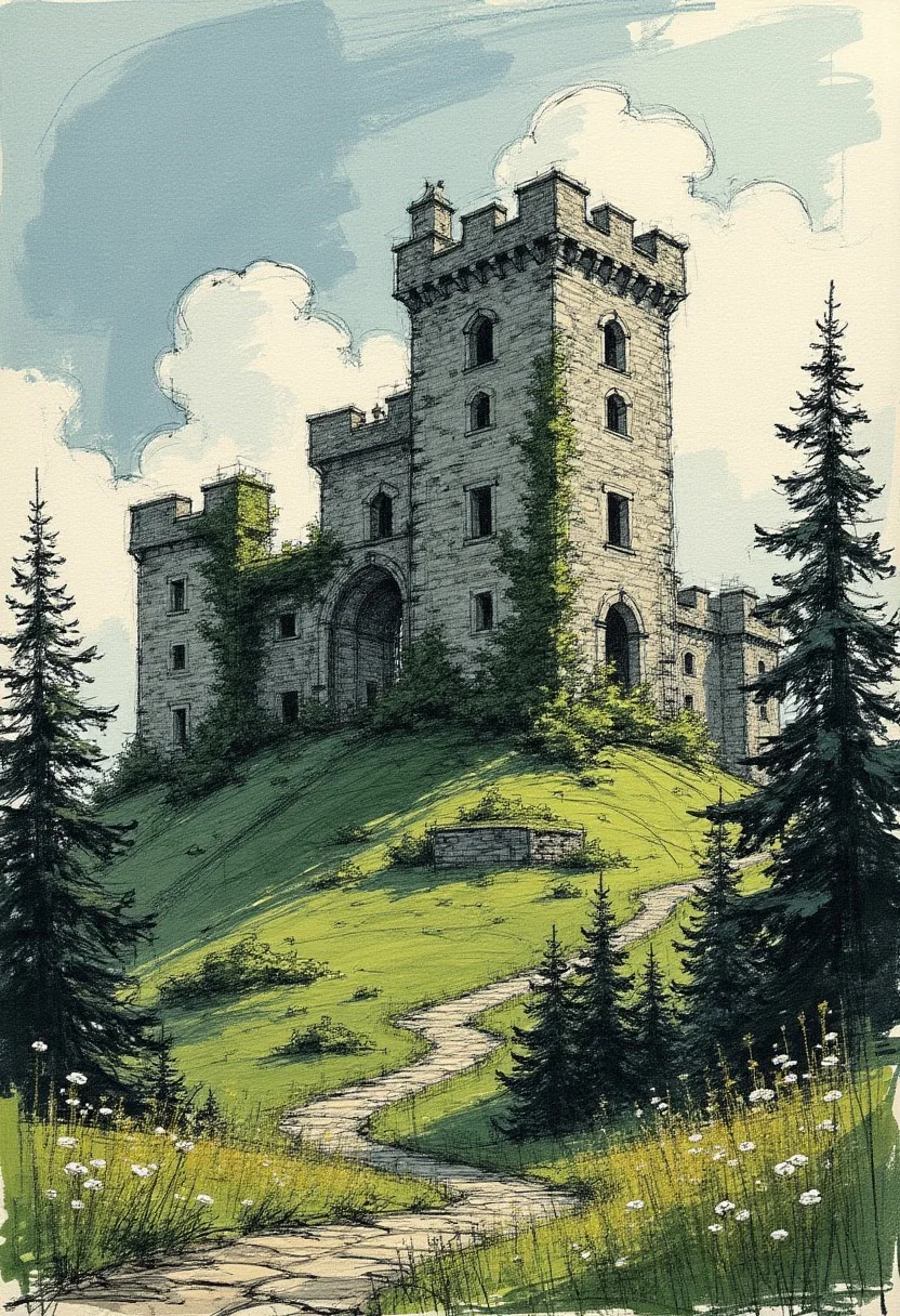 colored sketch in the style of ck-ccd, A ruined castle sits atop a verdant hill, its once-grand towers now crumbling and overgrown with ivy. The stone walls, weathered by time, stand as a testament to a bygone era of knights and royalty. The hill is covered in lush greenery, with wildflowers dotting the landscape and tall trees providing a natural frame for the scene. The sky above is a mix of soft blues and whites, with wisps of clouds adding a gentle, serene touch. The overall atmosphere is one of tranquil decay, where nature slowly reclaims the remnants of human ambition.