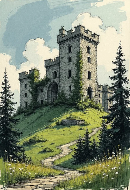colored sketch in the style of ck-ccd, A ruined castle sits atop a verdant hill, its once-grand towers now crumbling and overgrown with ivy. The stone walls, weathered by time, stand as a testament to a bygone era of knights and royalty. The hill is covered in lush greenery, with wildflowers dotting the landscape and tall trees providing a natural frame for the scene. The sky above is a mix of soft blues and whites, with wisps of clouds adding a gentle, serene touch. The overall atmosphere is one of tranquil decay, where nature slowly reclaims the remnants of human ambition.