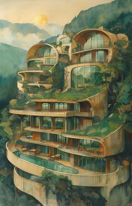 masterpiece,best quality,<lora:tbh309-sdxl:0.9>,illustration,designed by Victor Horta, Sustainable eco-village with green roofs and solar panels, nestled in a mountain valley