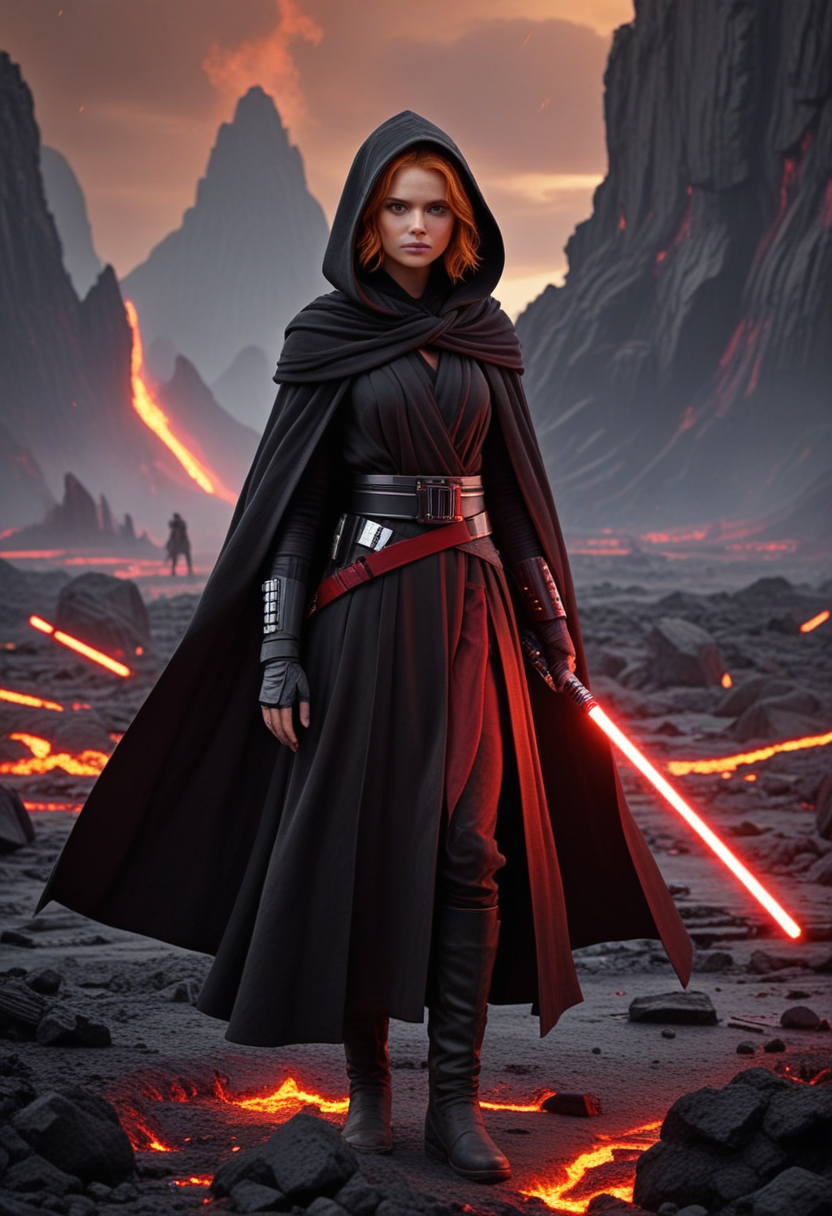 (medium full shot) of (powerful sith lord) young female, human, tan skin, yellow eyes, ginger hair,           wearing a hooded Sith robe, high-collared Sith tunic, black sash belt, heavy duty boots, long dark cloak, holding red-bladed lightsaber, smiling at the viewer, set in  Volcanic Planet Battlefield, Molten lava rivers, cracked ground, burning wreckage, scattered weapons, the roar of volcanic eruptions , at dawn, star wars universe, Masterpiece,best quality, photorealistic, amazing quality, very aesthetic, extremely detailed face,