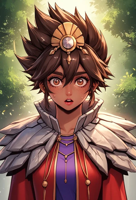 score_9, score_8_up, score_7_up, score_6_up, score_5_up, score_4_up, score_9, score_8_up, score_7_up, detailed, intricate details, chromatic aberration, veins source_anime, , (best quality) , (highly detailed) ,((masterpiece)), ((best quality)), (ultra-detailed), ((extremely detailed)), (high resolution), 4K, (8K), best quality, (beautiful), (dynamic lighting), (super detailed skin), sharp focus, (1_girl, solo focus), score_9,score_8_up,score_7_up,anime coloring, big eyes BREAK source_anime,anime, TaliyahLoLXL, dark skin, tanned skin, Dark skin female, dark skined, freckles, brown eyes, brown hair, short hair, sidelocks, hair between eyes, hair ornament, spiked hair, medium breasts, stone capelet, cape, red jacket, purple dress, solo, front view, (portrait, upper body), solo focus, wide eyed, panicked, panic, mouth open, suprised, sweating, bewildered, hands up, looking at viewer, forest, tree <lora:TaliyahLoLXL:0.9>
(Upper body, portrait) , phantom_ix_row_style, masterpiece, best quality, <lora:PhantomIxRowStyle:0.9>, "Closer to artist's style"