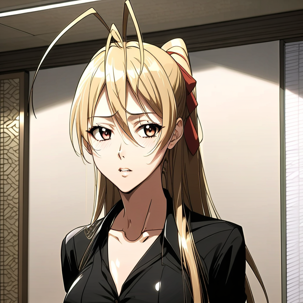 masterpiece, best quality, best aesthetics, miyamoto rei, long hair, ponytail, antennae hair, bangs, hair between the eyes, blush on the cheeks, averted gaze, long black shirt, shirt covering it, awakening, up , loose hair, shiny, shiny skin, alone, room background, standing, front view.