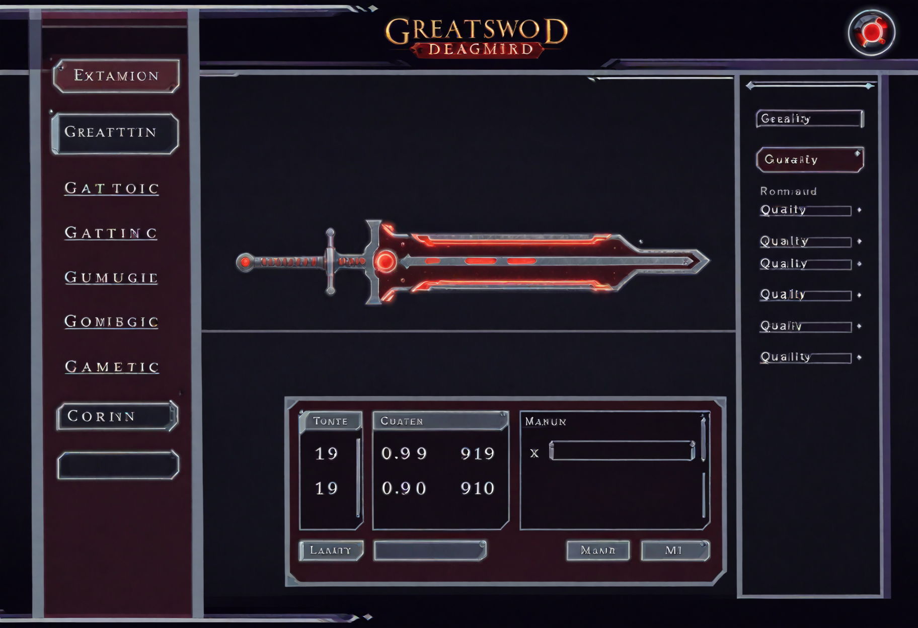 carduiux, explosion diagram of mechanical greatsword, many parts, rpg game crafting, menu overlay, technical design, math formula, buttons, english text, roman numerals, futuristic style, high contrast, crimson menu, high quality, refined design, sophisticated   <lora:dmd2_sdxl_4step_lora> <lora:xl_carduiux-10>