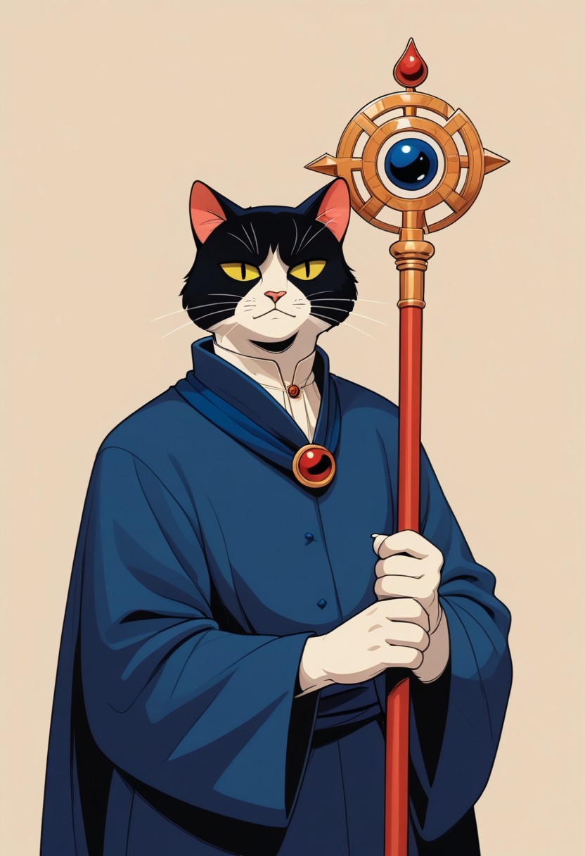 score_9, score_8_up, score_7_up, easynegative, catman, staff, memphis corporate design, flat art, flat coloring, simple, vector art, corporate art, cel shading, cel shaded, Vector Cartoon Illustration, cat, catman, man with cat head, red furr, dark blue mantle, beige backgound,