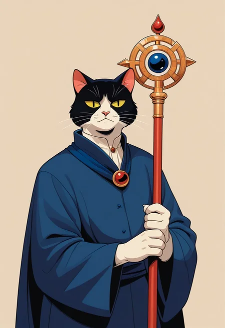 score_9, score_8_up, score_7_up, easynegative, catman, staff, memphis corporate design, flat art, flat coloring, simple, vector art, corporate art, cel shading, cel shaded, Vector Cartoon Illustration, cat, catman, man with cat head, red furr, dark blue mantle, beige backgound,