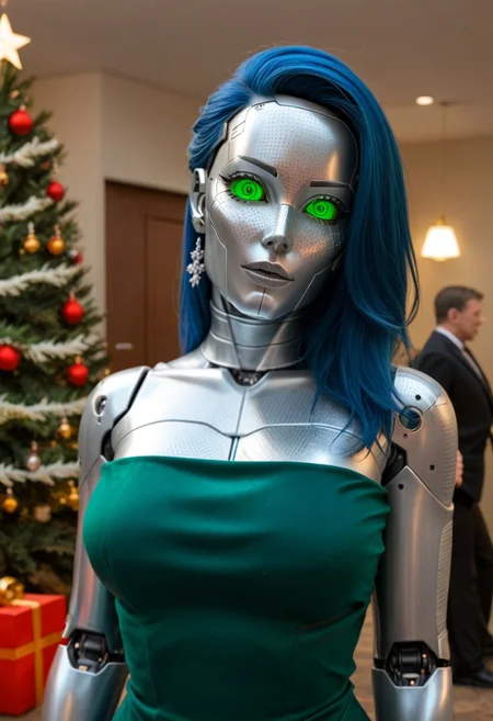 A 35mm photo of a beautiful 20 year old woman, she is a humanoid robot , robotic face , robotic body, emerald green robotic eyes, freckles, smooth featureless silver grey robotic skin, robotic aerials, metallic dark blue hair, elegant Christmas satin dress
