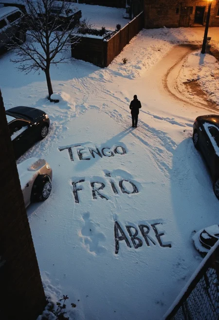 Looking down from the 10th floor of a high-rise building on a snowy winter evening, the scene reveals a parking lot blanketed in fresh snow. Warm streetlights cast a soft, golden glow over the snow-covered ground, creating long shadows and a peaceful atmosphere. In the snow below, the words 'TENGO FRIO' are faintly visible, but 'FRIO' has been crossed out and replaced with 'ABRE,' clearly written in large, boot-trodden letters. A lone figure stands near the words, their face obscured by a hood, seemingly unaware of being watched from above. The surreal humor of the message contrasts with the serene, wintry setting.