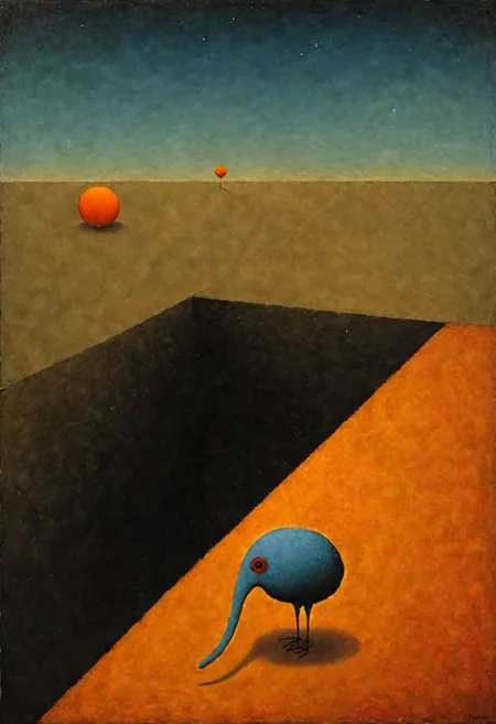 Style by Pawel Kuczynski and Joan Miro and Graham Sutherland, surreal abstract art, nightmare residue of dark shine, abstract shy ibis paradoxes, depth of field, red, orange and blue color palette, unsettling, asymmetric abstractions, expansive, surreal masterpiece, juxtaposition of the uncanny and the banal, sharp focus, smooth, never seen before