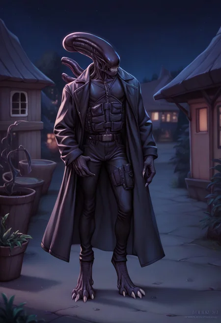score_9, score_8_up, score_7_up, score_6_up, detailed, hi_res, detailed, colorful, realistic, high quality, score_9, score_8_up, score_7_up, score_6_up, muscular male xenomorph. leather, long coat, black coat, trench coat, (bulletproof vest:1.5), black pants, holster with gun on hip, deagle in hand black gloves, black body, digitegrate legs, barefoot, teeth, silver claws
BREAK
dark menacing town in background, night,