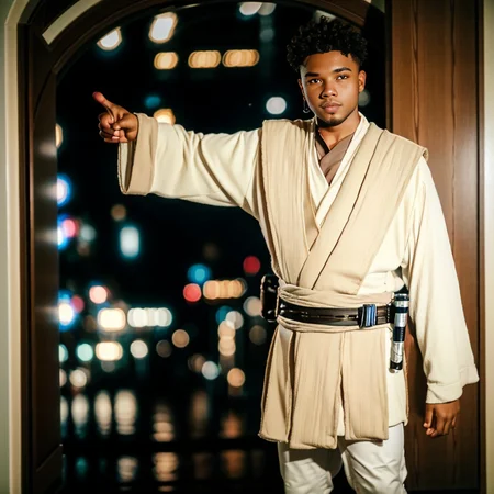 young man in jedioutfit with his hands up <lora:jedioutfit:1>, RAW photo, 8k uhd, dslr, soft lighting, high quality, film grain, Fujifilm XT3,8k HD high definition detailed realistic, hyper detailed,higly detailed face,higly detailed hands