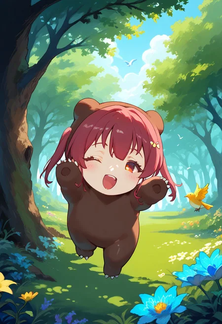 4k, 8k, score_9, source_anime , realistic , 1girl , solo , uncensored , perfection , eyelashes , shiny skin , glow skin, iridescent skin, oily skin, sharp focus, intricate details, directional lighting , hyperdetailed , very aesthetic, illustration , iridescent , ethereal light ,
kumarine
cheerful, playful personality, The sun is shining, and colorful flowers bloom around ,giggles, waving paws in the air , peaceful forest with birds trees,