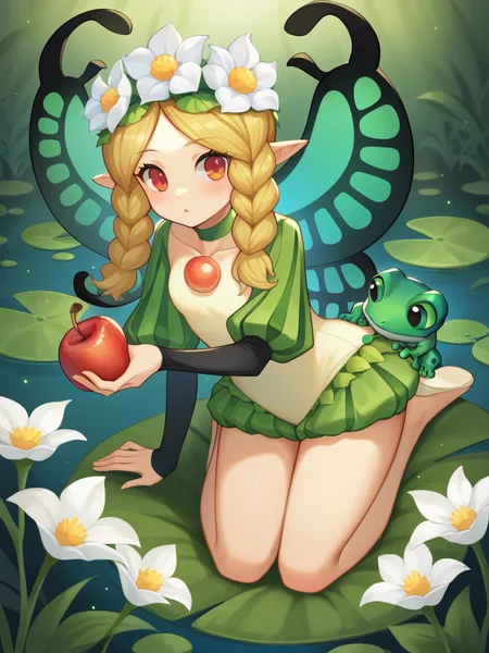 score_9, score_8_up, score_7_up, best quality, masterpiece, 4k, uncensored, perfect lighting, rating_explicit, very aesthetic, anime BREAK
1girl (mercedes) <lora:mercedes-PD-1.0:1>,
cover art, flowers, holding an apple, thoughtful, cute, lily pad, frog,