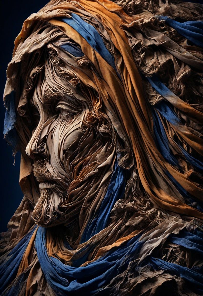 RAW closeup photo, peaceful children face, macro shot, dark blue, orange, gold scarf, masterpiece, colorful details, award winning, high detailed, 8k, natural lighting, analog film, detailed skin, amazing composition, intricate details, subsurface scattering, vellus hairs, amazing textures, soft light