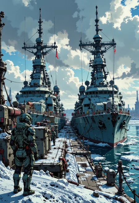 in the style of ck-mgs, A digital artwork in the style of cknc, a_skynet_cyberdyne_craft, the image is featuring two enormous plasma gun turrets overlooking a futuristic, highly advanced sci-fi naval base, with several military buildings. Naval ships in winter camouflage of grey and white paint are moored against the dock, winter, snow on the ground, small ice floes, stormy sky, directional weak sunlight, dutch angle