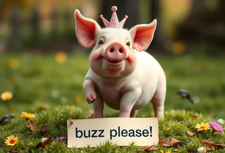 fairytale pig, text that says "buzz please!"