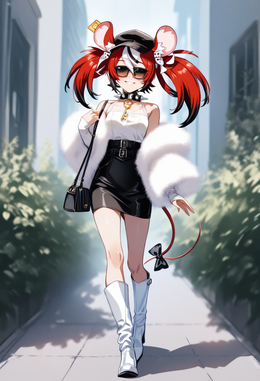 masterpiece, best quality, Hakos_Baelz, HakosBaelz, smile, twintails, mouse tail, tail bow, twintails, spiked collar, key necklace, fashion shot,portrait,fur trim coat,sunglasses,hat,anime, edgwdc boots, outdoors, bag, white footwear, plant, building, handbag, mouse tail, tail bow <lora:Hakos_Baelz:2> <lora:edgIllustriousXL_WDC:1.5>