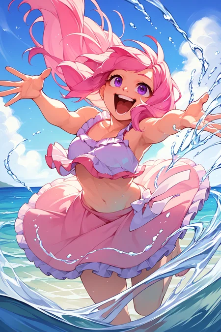 score_9, score_8_up, <lora:gofa_pd:1> 1girl, pink hair, pink bikini, splashing, ocean, frilly skirt, happy, laughing, purple eyes