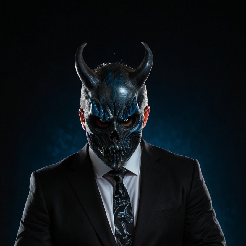 1boy, Alex_the_terrible_mask, mask, horns, Highly detailed RAW color Photo, shirt, long sleeves, jewelry, jacket, upper body, earrings, necktie, collared shirt, hand up, necklace, black jacket, gradient, black nail polish, gradient background, tattoo, glowing, formal, ring, suit, cross, mask, skull mask, spikes, black suit, metallic texture, blue theme, blue fire, multiple rings, hand tattoo, simple background, dark blue background, blue theme, gorgeous details, depth perception, backlighting, photorealistic, breathtaking scenery, perfectly rendered reflections, detailed clothing, dramatic lighting, shadows, dark lighting, soft light, dof, depth of field, realistic, dark background, CINE, blue embers, low-key, Low-key lighting