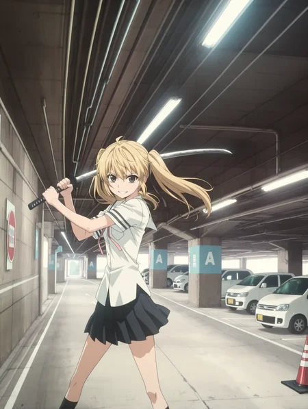 masterpiece,best quality,newest,
1girl,solo,
<lora:mpl_ilxl_v1.1:1>,m_p_l,car,ground vehicle,road sign,traffic cone,vanishing point,high ceiling,high ceiling,<lora:s_raimei_ilxl_v1.0:1>,s_raimei,blonde hair,hair bow,twintails,brown eyes,r_clothes,serafuku,ribbon tie,white shirt,black pleated skirt,black kneehighs,r_katana,red scabbard,standing,open_stance,grin,smirk,holding scabbard,anime screencap,cowboy_shot,