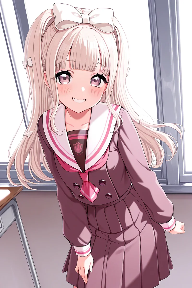 masterpiece, best quality, amazing quality,
<lora:Kurumi_IL:1> kurumi, 1girl, solo, bow, hair bow, skirt, smile, school uniform, long hair, pleated skirt, white sailor collar, long sleeves, serafuku, sailor collar, looking at viewer, bangs, white bow, blush, lillilly school uniform