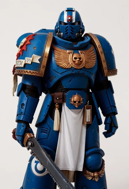<lora:WH40K_Titus-PONY:0.9> whtitus wielding an imperial chainsword, mature male, solo, ultramarine, emblem, pelvic curtain, pauldrons, power armor, astartes helmet, cowboy shot, white background, score_8_up, score_7_up, score_6_up, score_5_up, score_4_up,